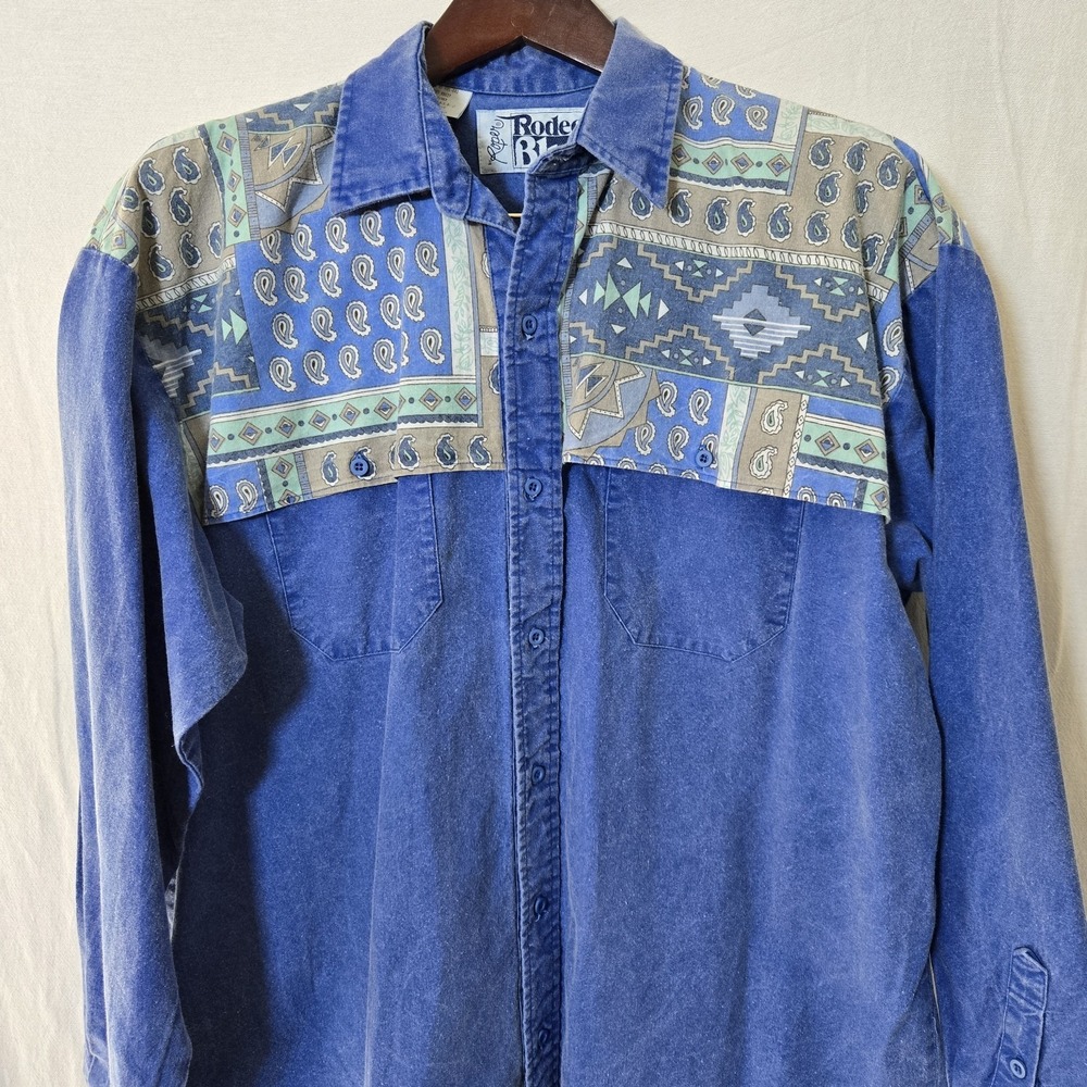 Vintage Roper rodeo blue Mens XL western‎ Paisley Cowboy Shirt USA Cotton Denim